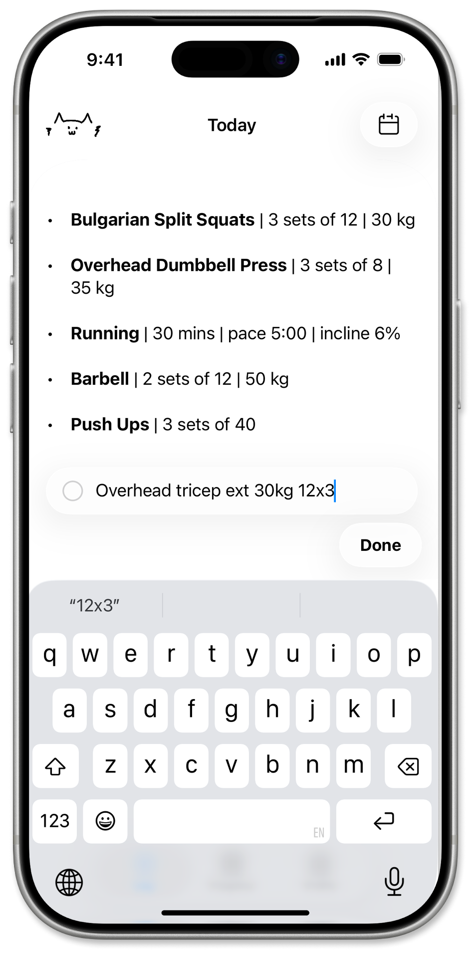 Baeu app, typing 'bench 3x8 @ 80kg' on a notes-like screen which Baeu parses into a clean workout log